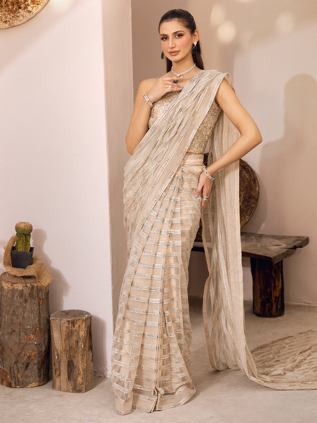 Beige & Silver Hand-Embellished Net Saree (2-Piece) - Image 6