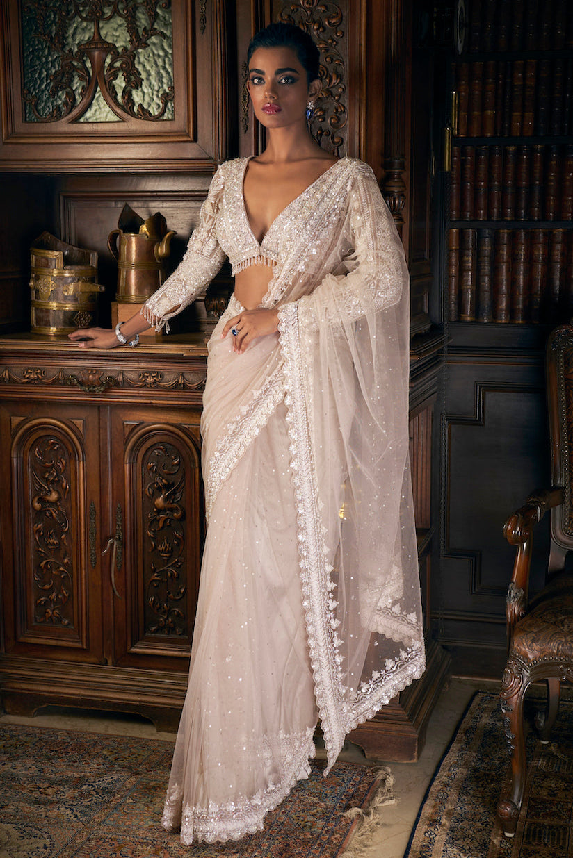 Nude Sequin Embroidered Net Saree (2-Piece) - Image 1