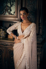 Nude Sequin Embroidered Net Saree (2-Piece) - Image 3