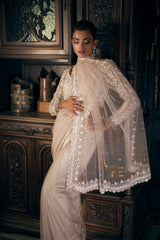 Nude Sequin Embroidered Net Saree (2-Piece) - Image 4
