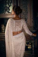 Nude Sequin Embroidered Net Saree (2-Piece) - Image 5