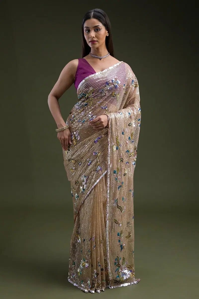 Beige Sequin Cutdana Net Saree (2-Piece) - Image 1