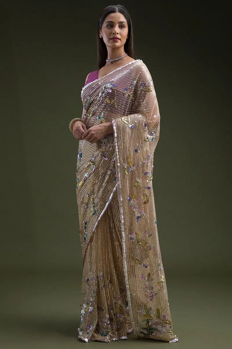 Beige Sequin Cutdana Net Saree (2-Piece) - Image 3