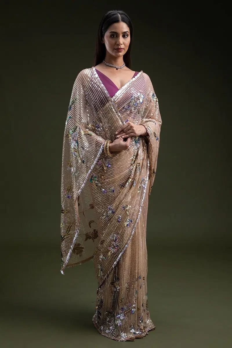 Beige Sequin Cutdana Net Saree (2-Piece) - Image 5