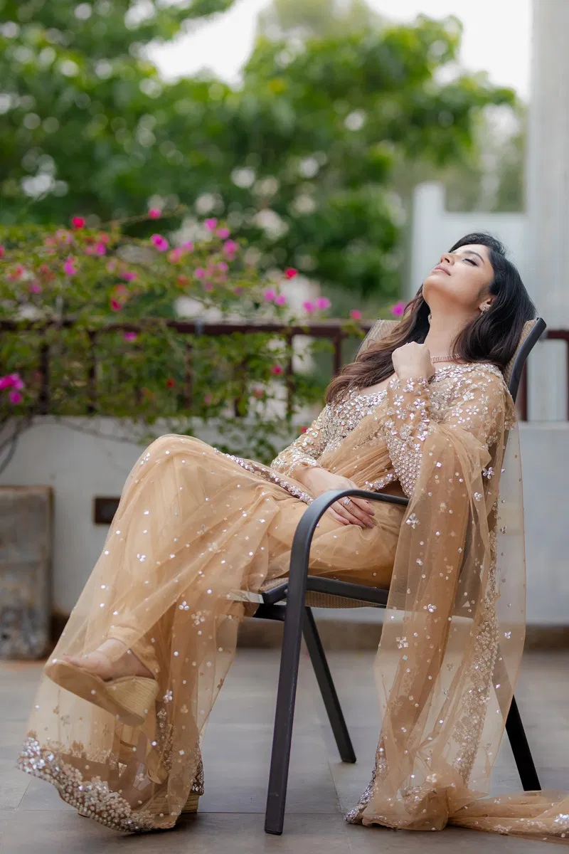 Indian Beige Sequin Embroidered Net Saree (2-Piece) - Image 3