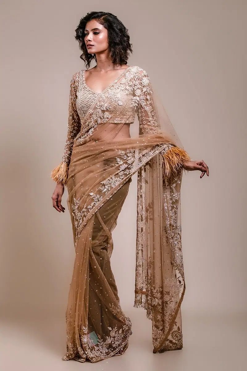 Indian Beige Sequined Net Saree with Cutdana Embroidery (2-Piece) - Image 1