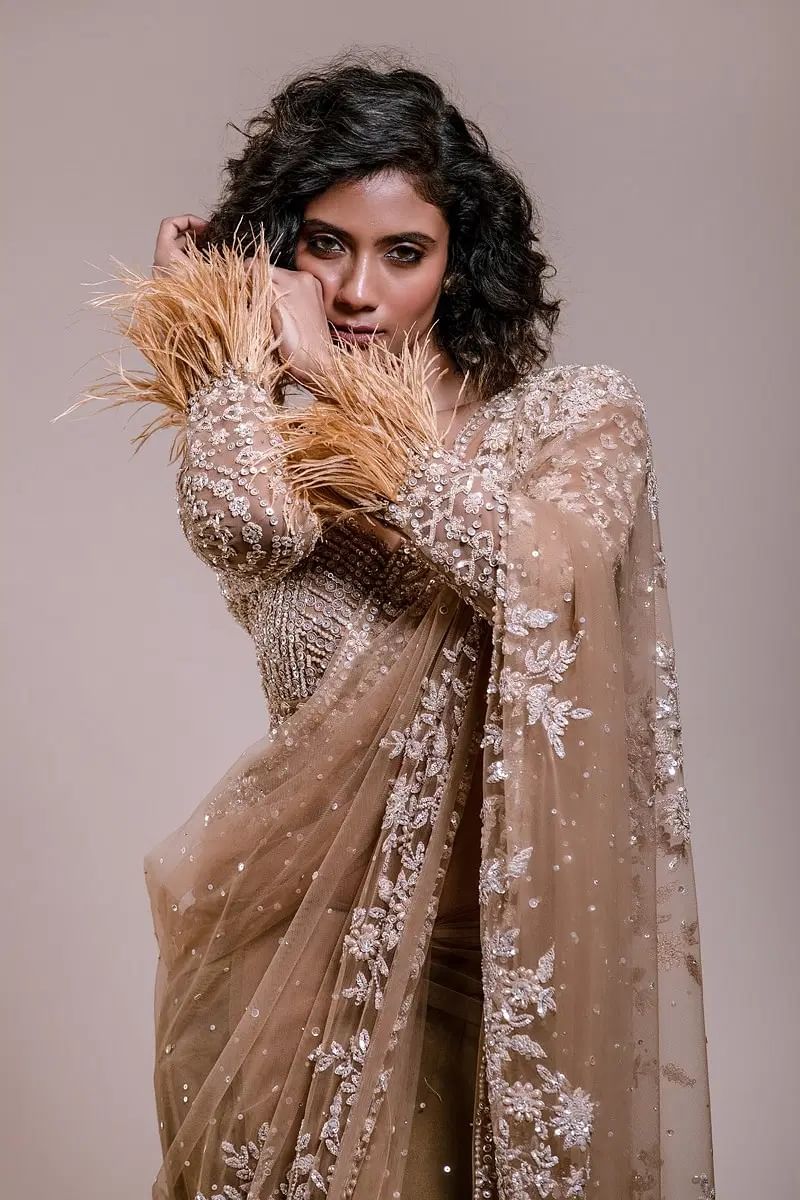 Indian Beige Sequined Net Saree with Cutdana Embroidery (2-Piece) - Image 2