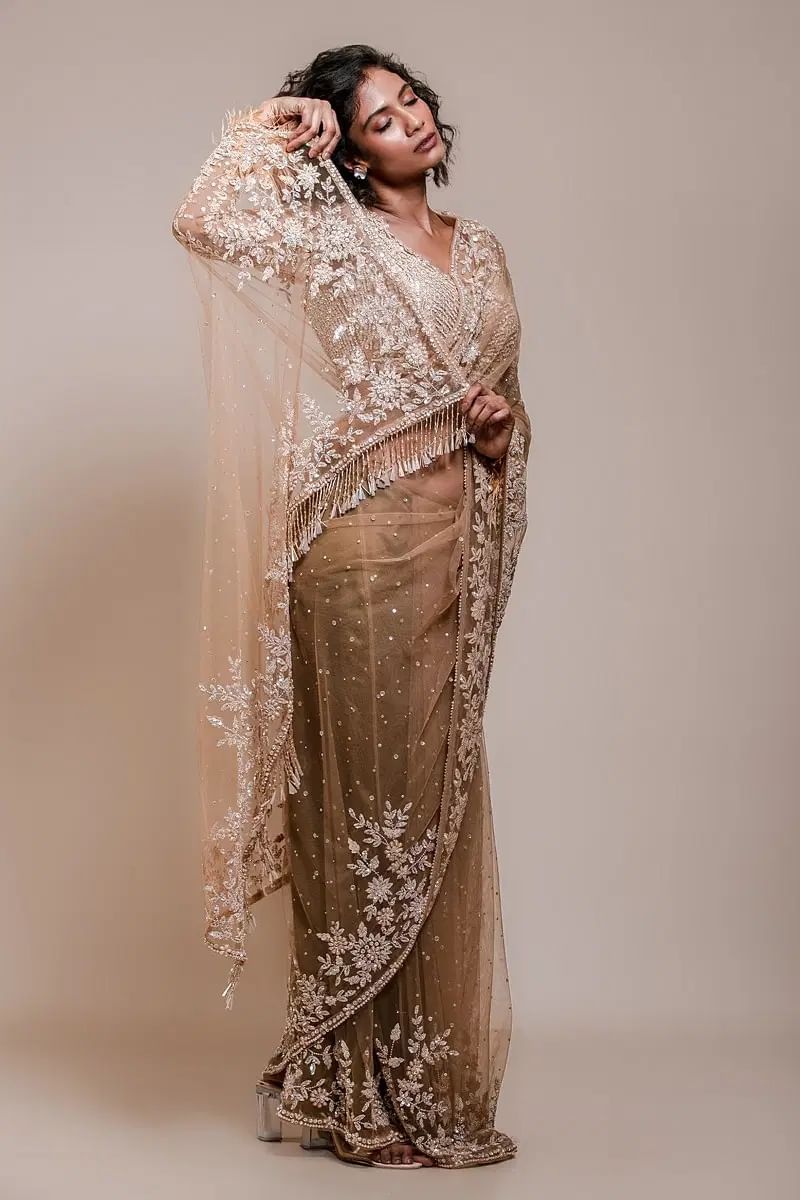 Indian Beige Sequined Net Saree with Cutdana Embroidery (2-Piece) - Image 3