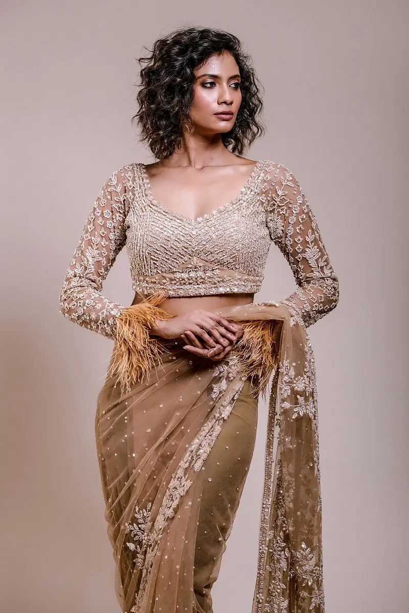 Indian Beige Sequined Net Saree with Cutdana Embroidery (2-Piece) - Image 6