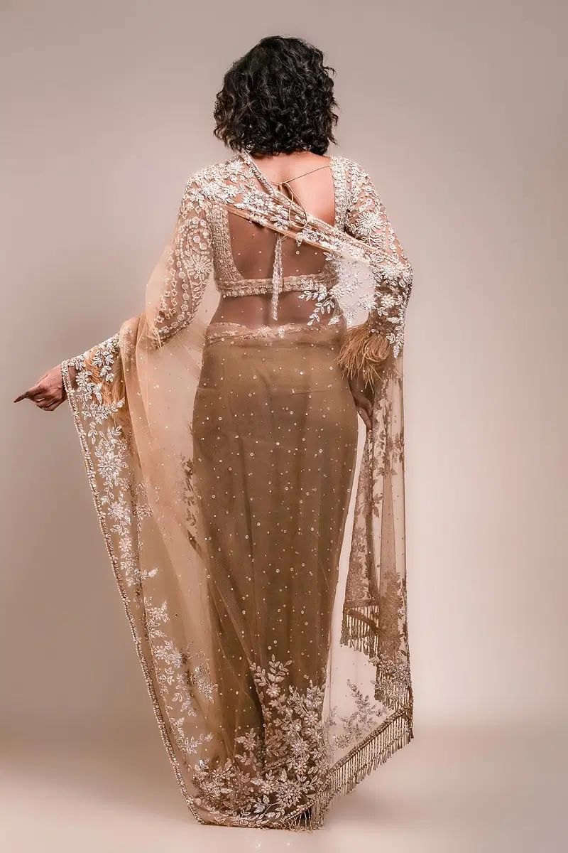 Indian Beige Sequined Net Saree with Cutdana Embroidery (2-Piece) - Image 7