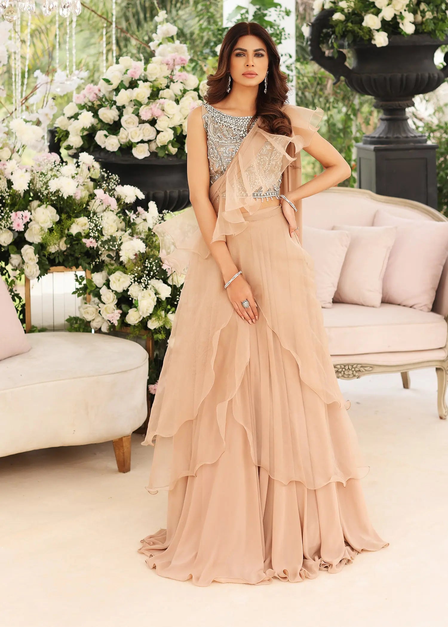 Beige Embellished Net & Organza Saree (3-Piece) - Image 1