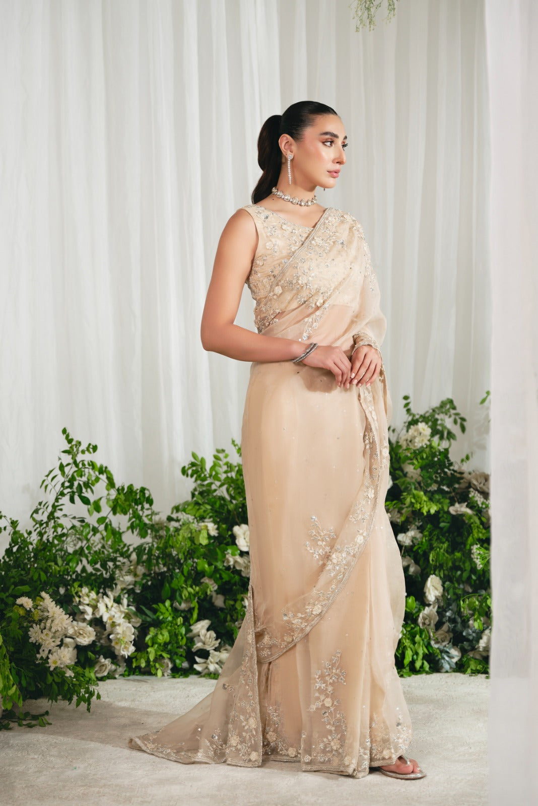 Indian Pastel Beige Silver Embellished Organza Saree (2-Piece) - Image 2