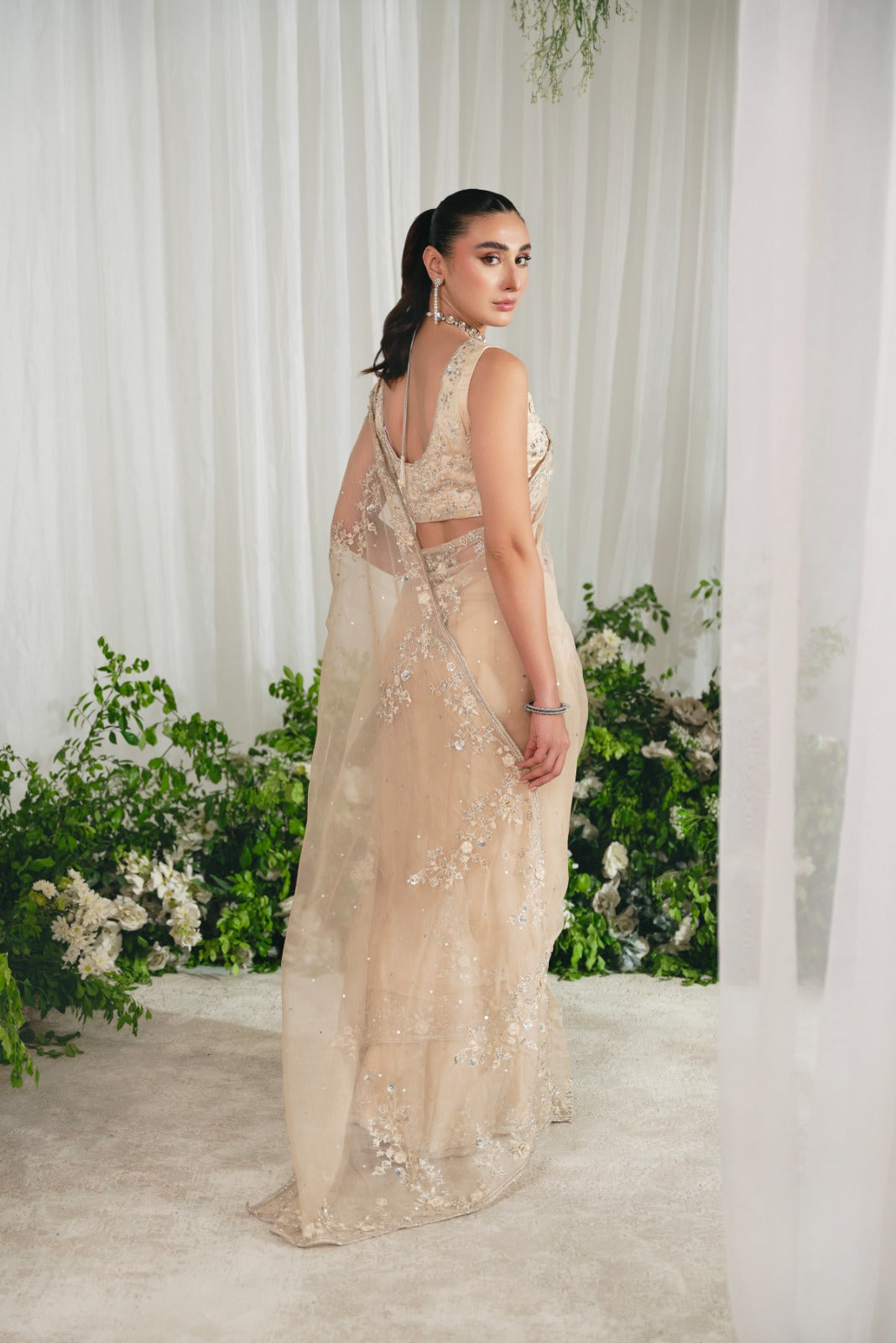 Indian Pastel Beige Silver Embellished Organza Saree (2-Piece) - Image 3