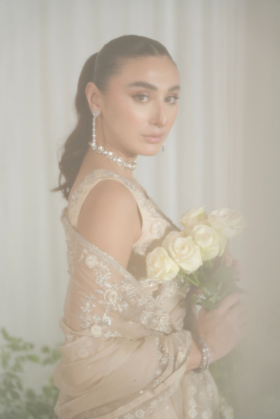 Indian Pastel Beige Silver Embellished Organza Saree (2-Piece) - Image 4