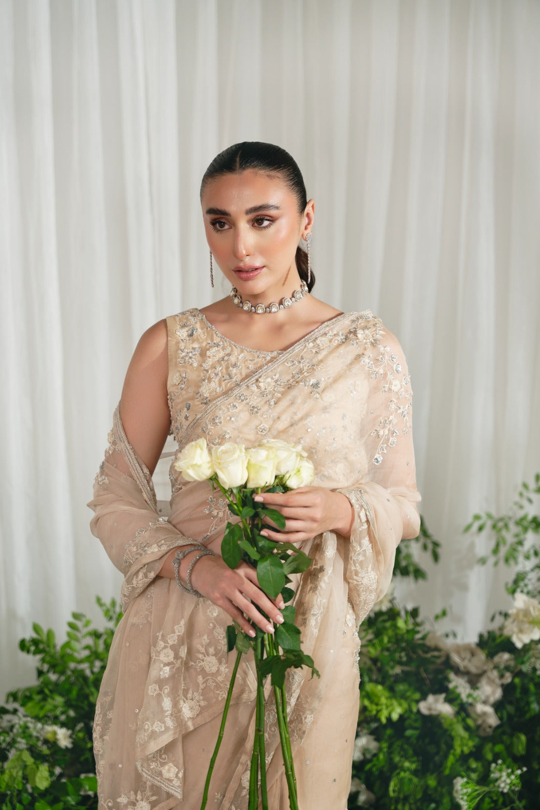 Indian Pastel Beige Silver Embellished Organza Saree (2-Piece) - Image 5