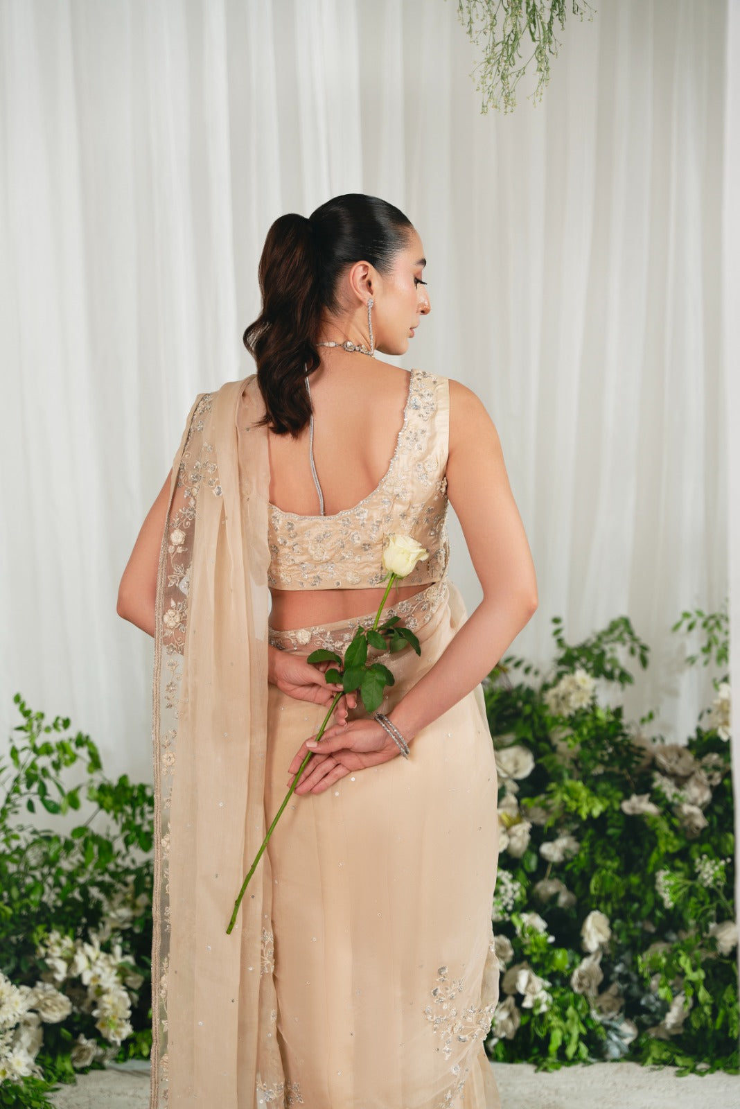 Indian Pastel Beige Silver Embellished Organza Saree (2-Piece) - Image 6