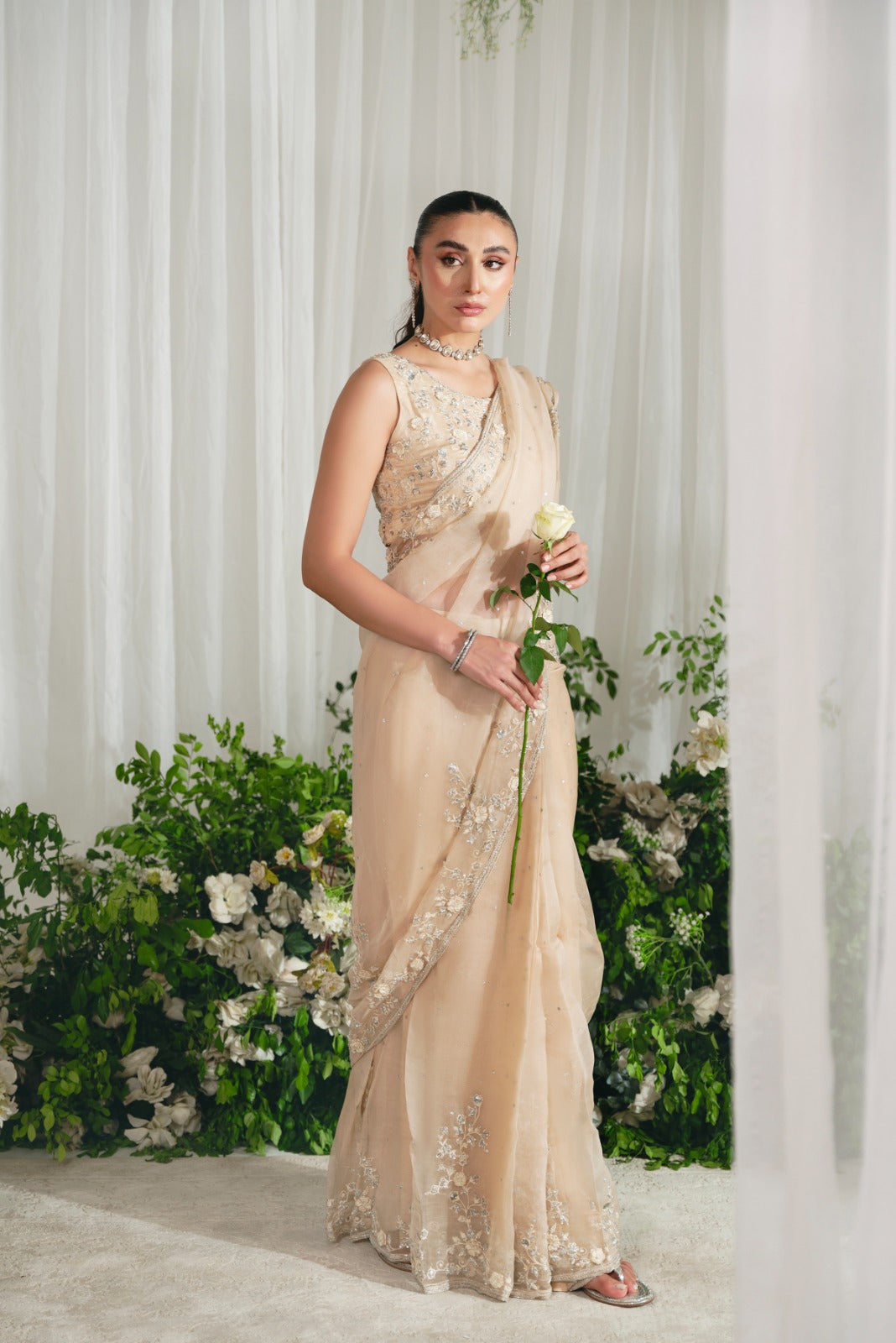 Indian Pastel Beige Silver Embellished Organza Saree (2-Piece) - Image 8