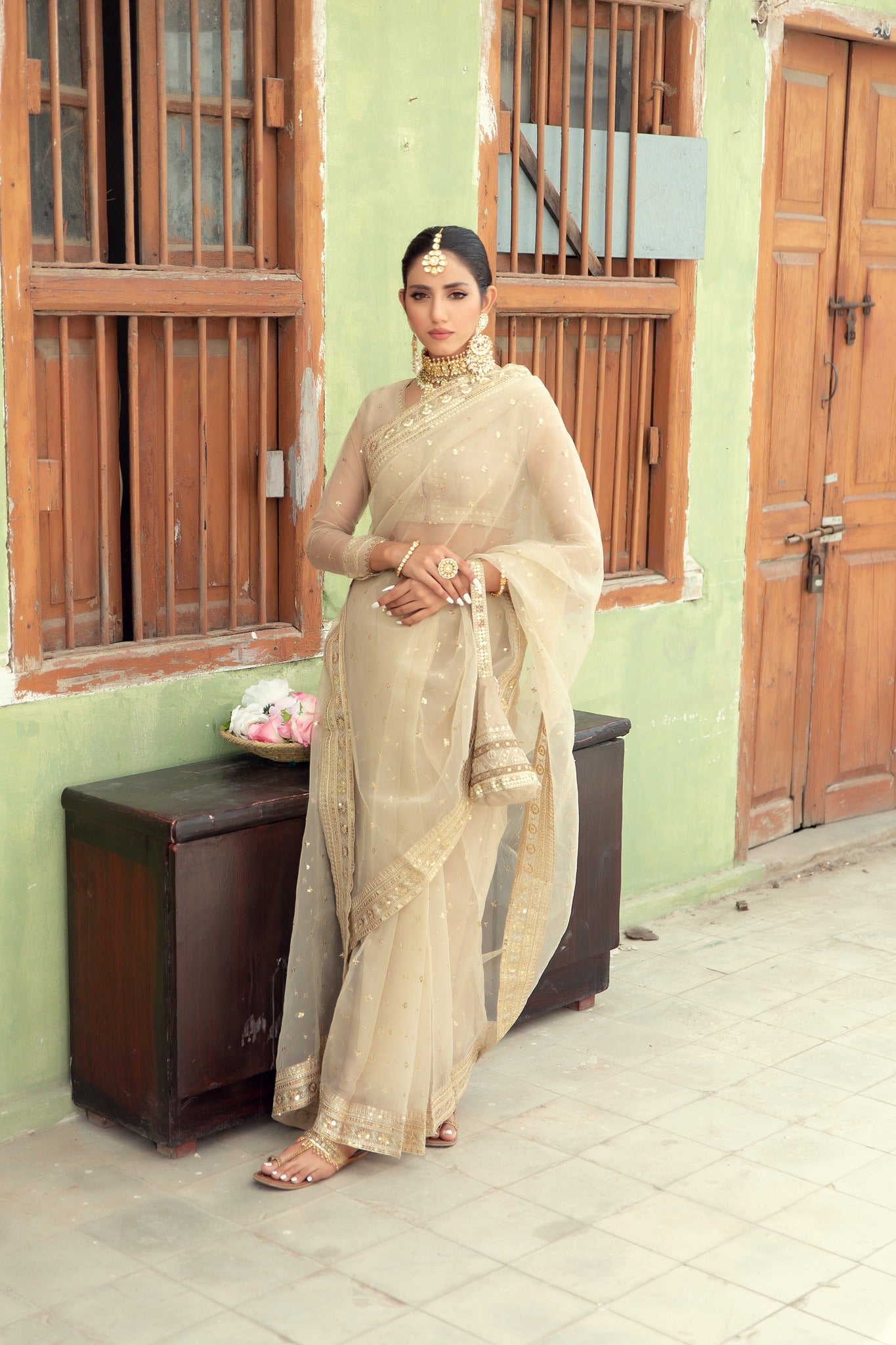 Beige Embroidered Organza Saree (3-Piece) - Image 1