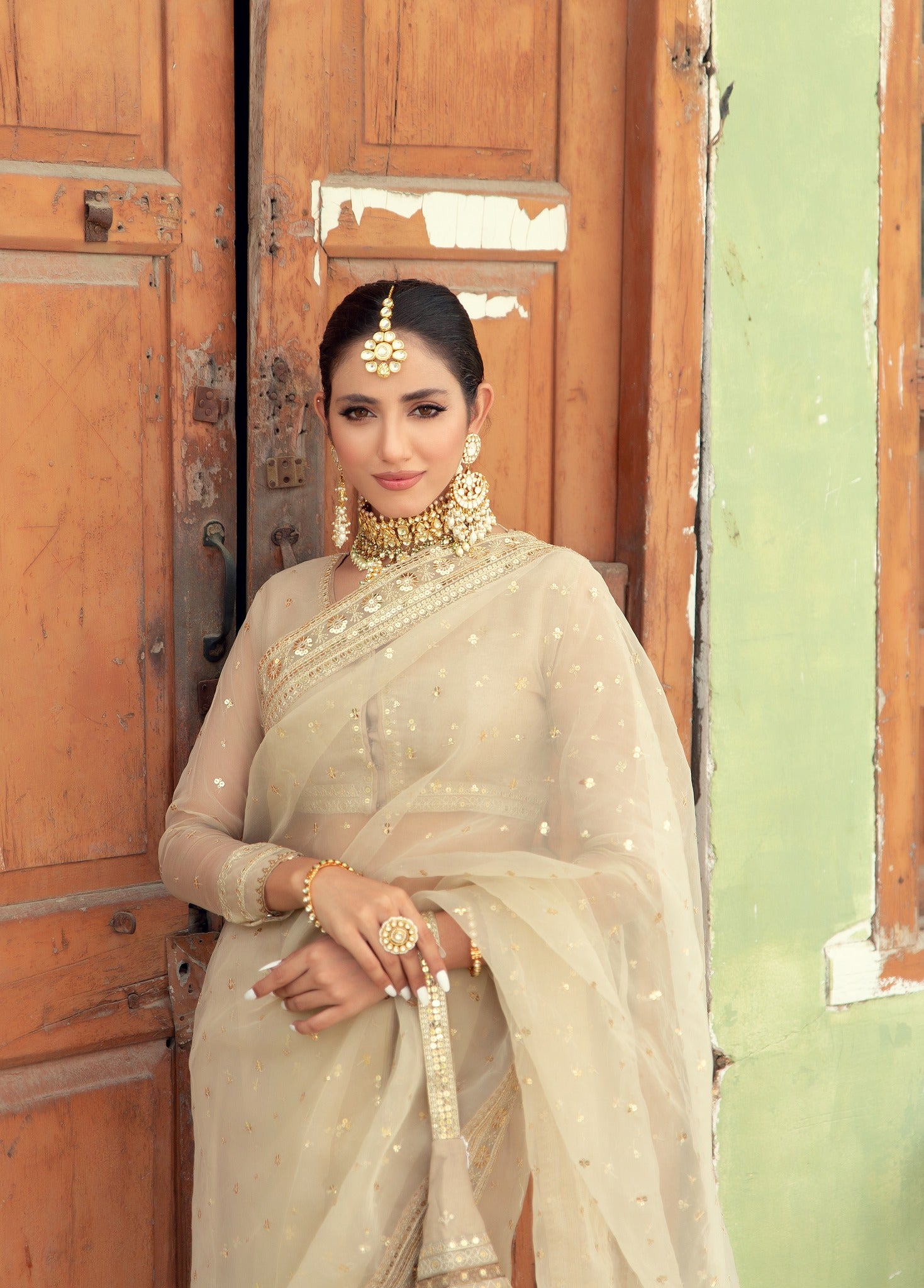 Beige Embroidered Organza Saree (3-Piece) - Image 2