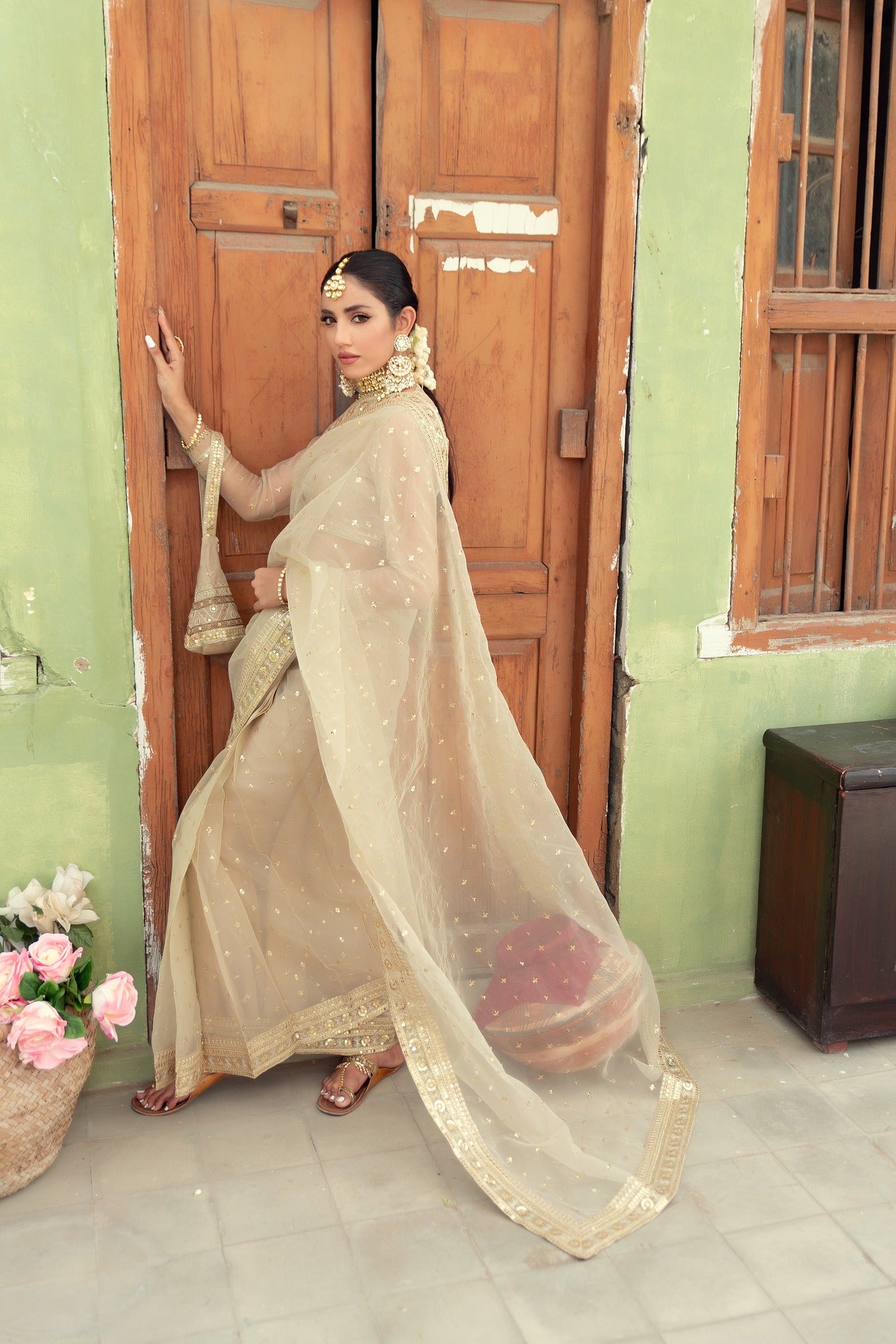 Beige Embroidered Organza Saree (3-Piece) - Image 4