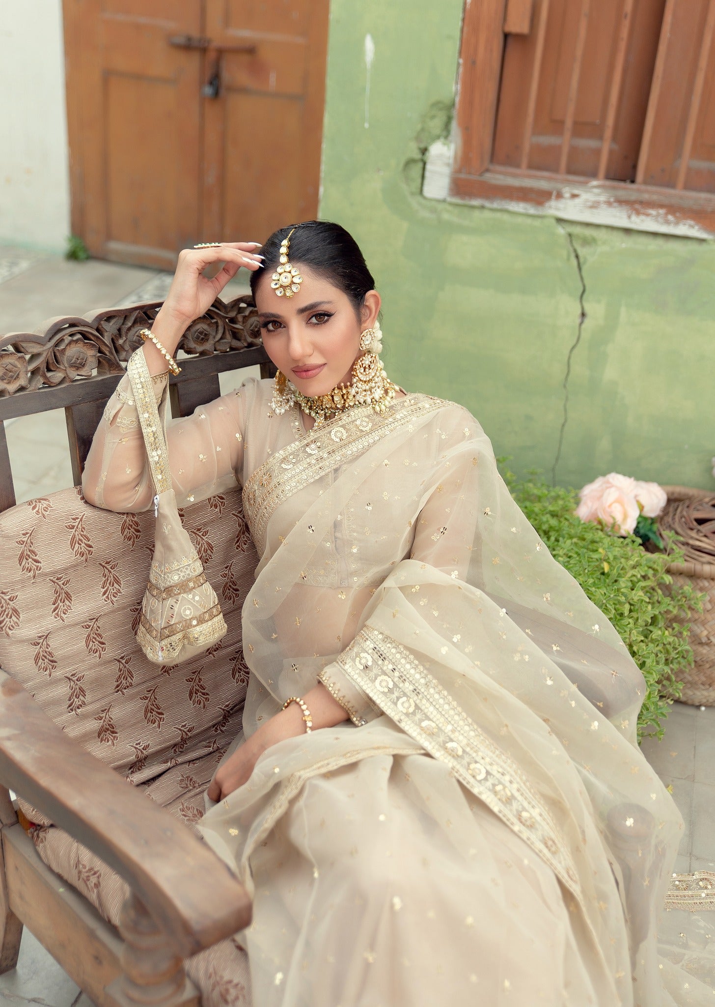Beige Embroidered Organza Saree (3-Piece) - Image 6