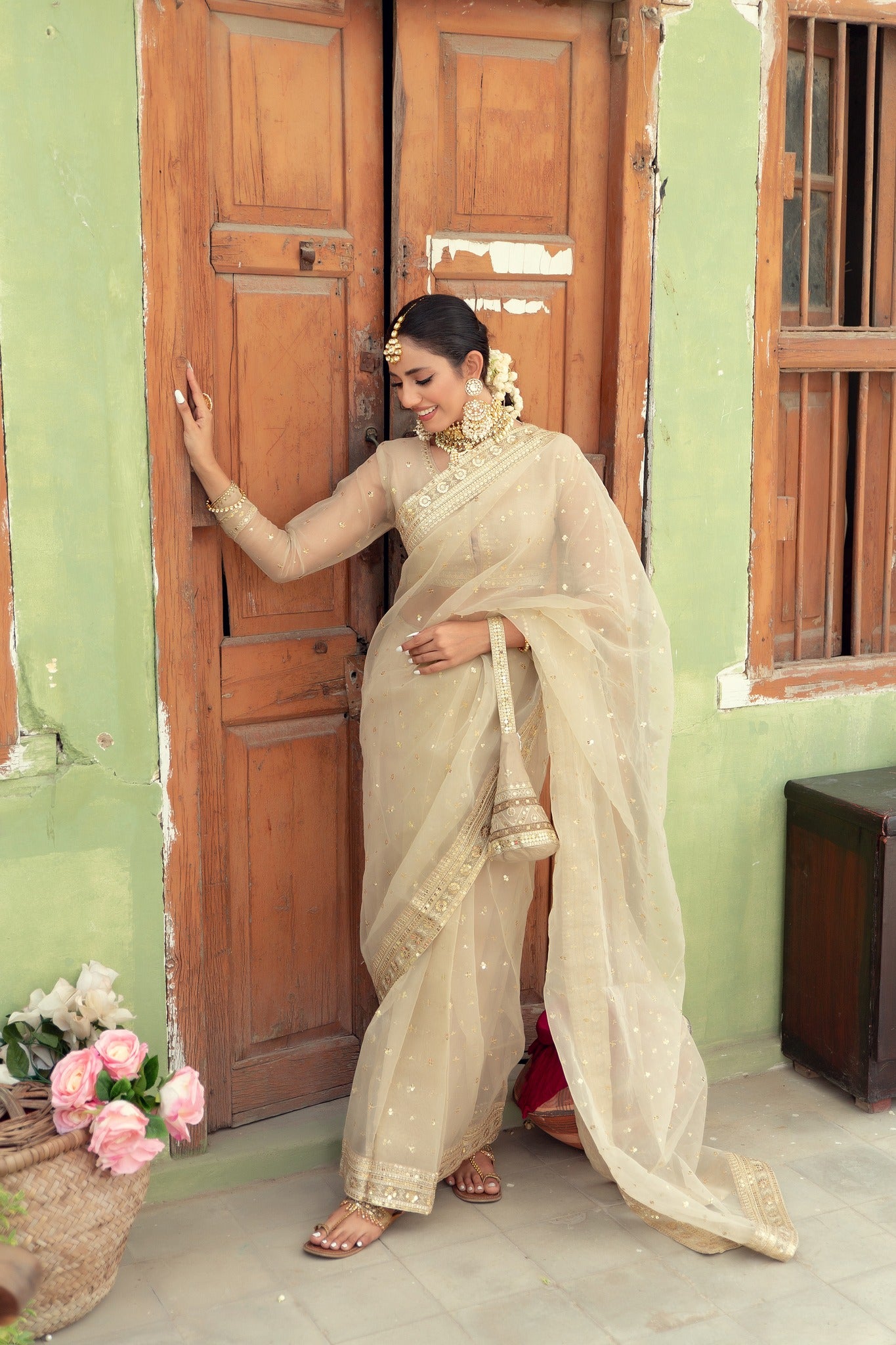 Beige Embroidered Organza Saree (3-Piece) - Image 7