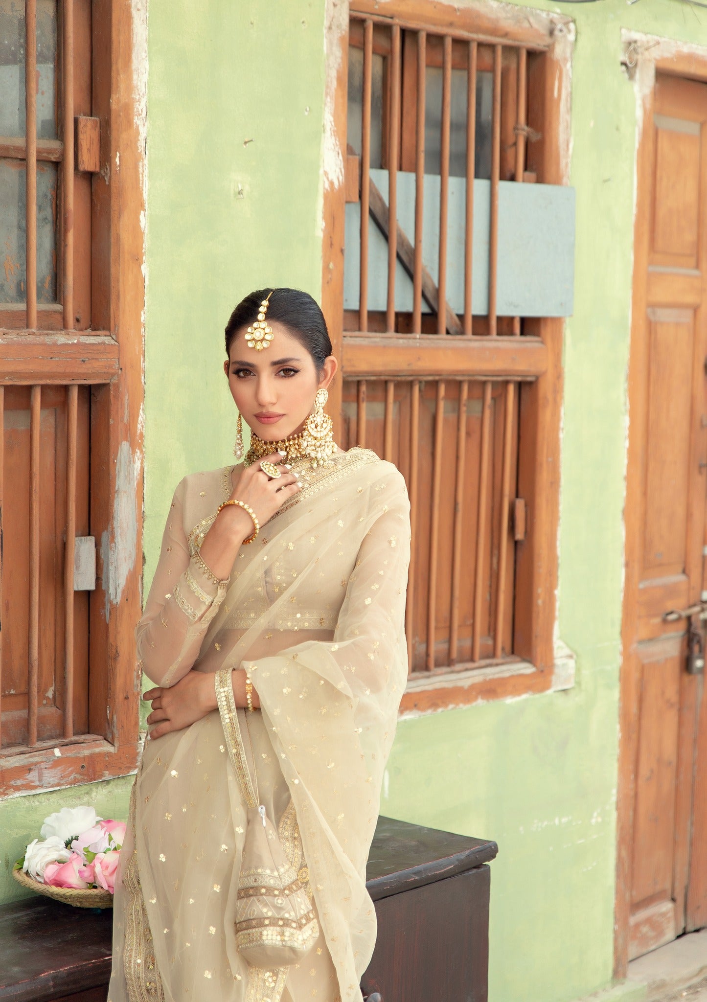 Beige Embroidered Organza Saree (3-Piece) - Image 8