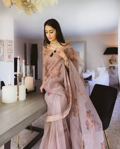 Pakistani Beige Sand Floral Organza & Korean Raw Silk Saree (3-Piece) - Image 1