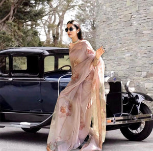 Pakistani Beige Sand Floral Organza & Korean Raw Silk Saree (3-Piece) - Image 2