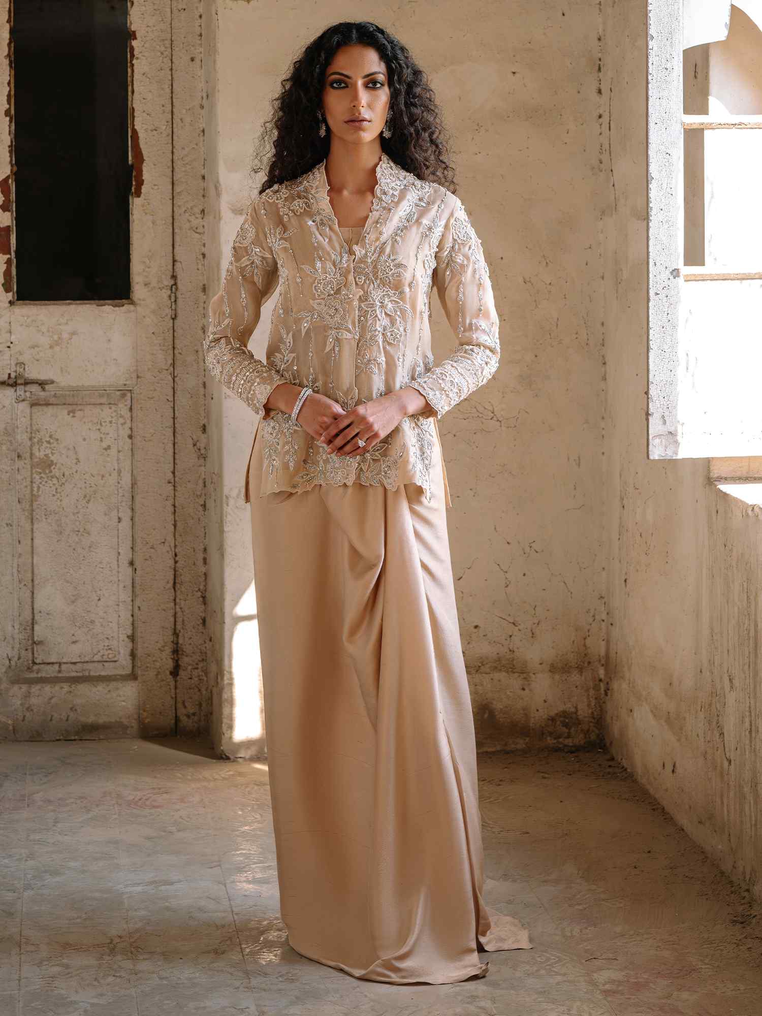 Nude Embroidered Organza & Raw Silk Saree Set (3-Piece) - Image 1