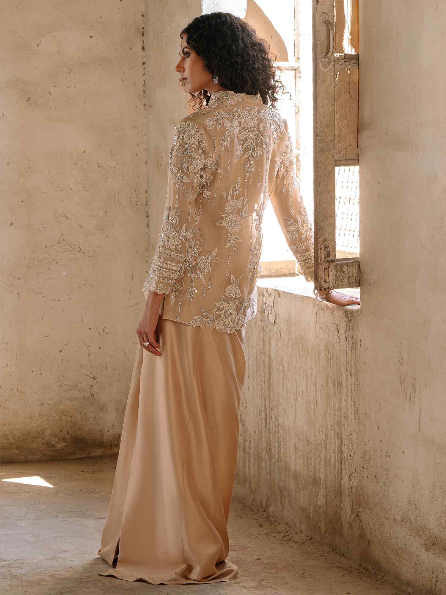 Nude Embroidered Organza & Raw Silk Saree Set (3-Piece) - Image 4