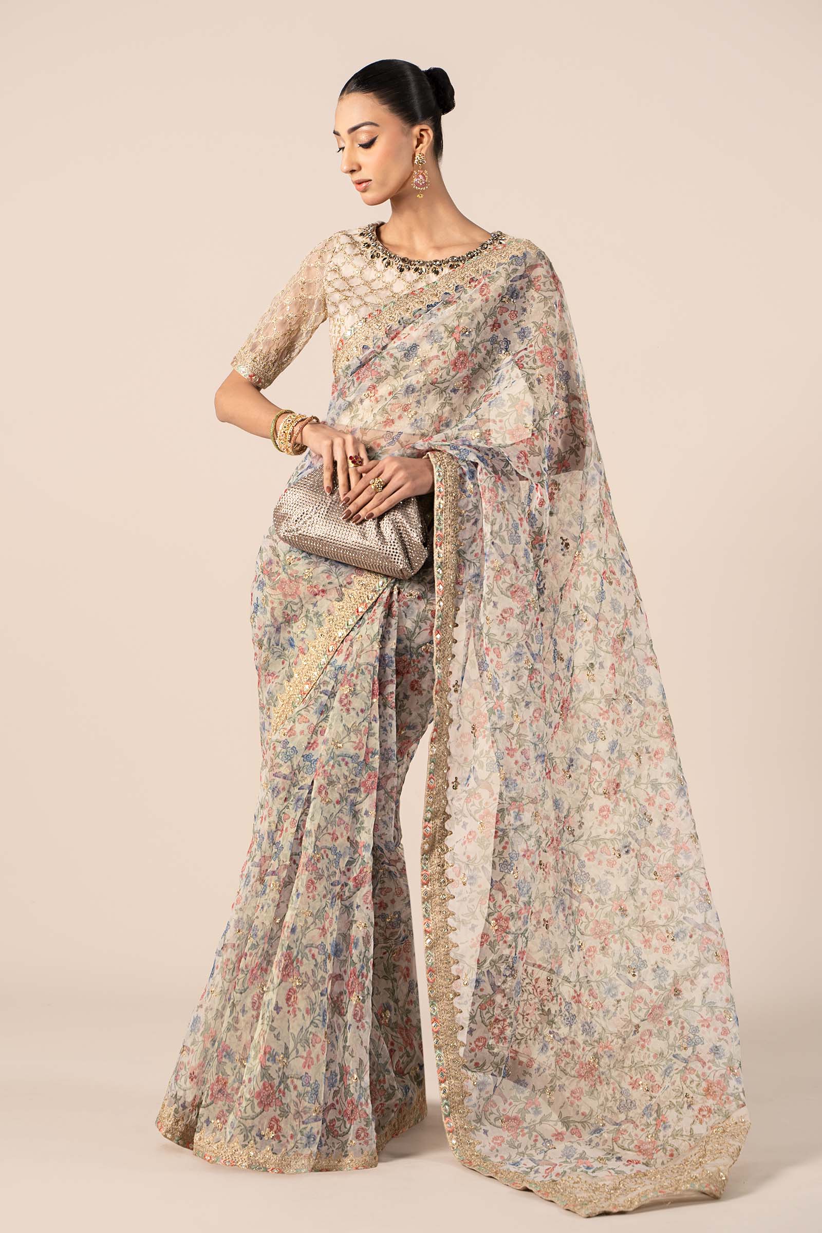 Beige Embroidered Organza Saree (3-Piece) - Image 2