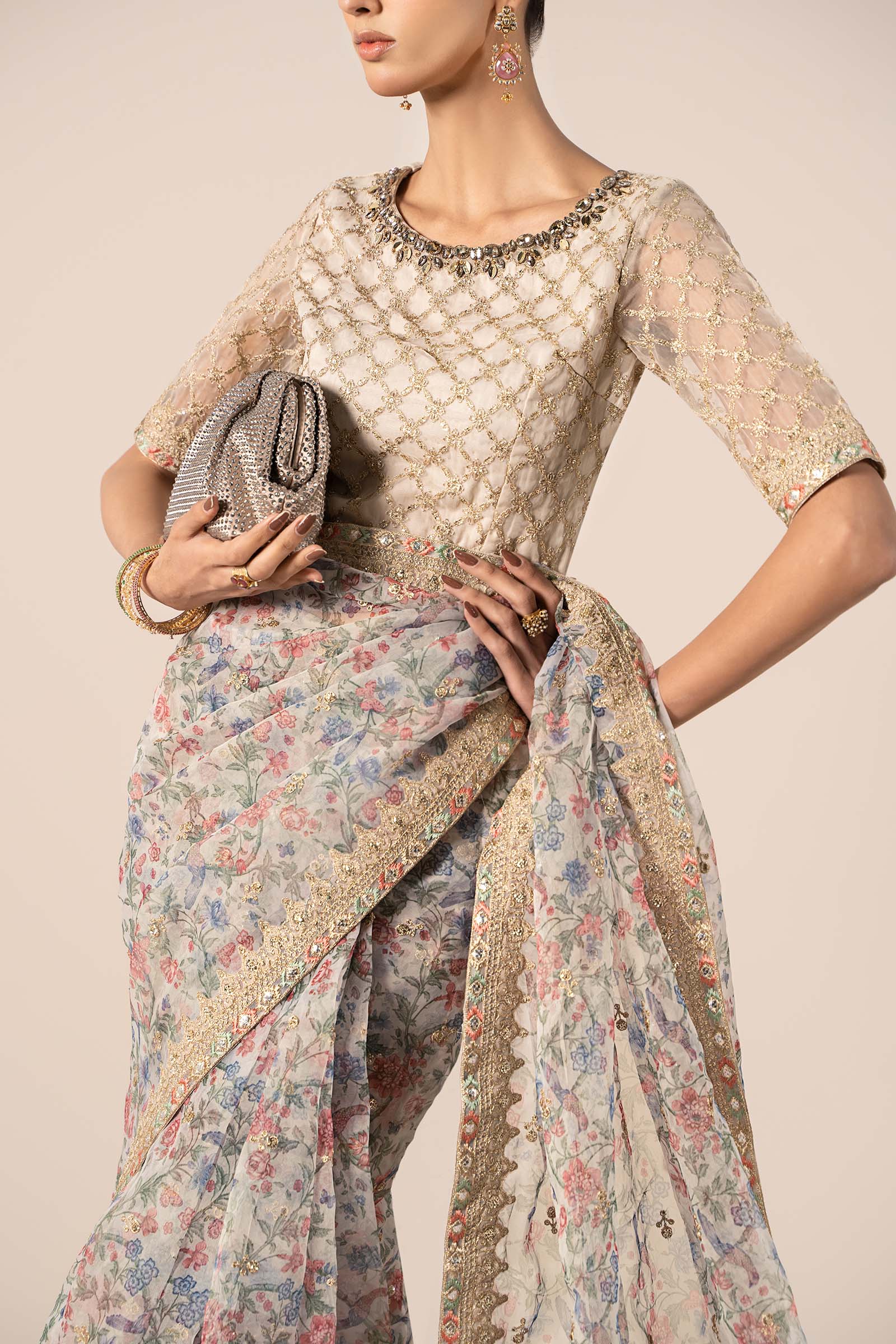 Beige Embroidered Organza Saree (3-Piece) - Image 5