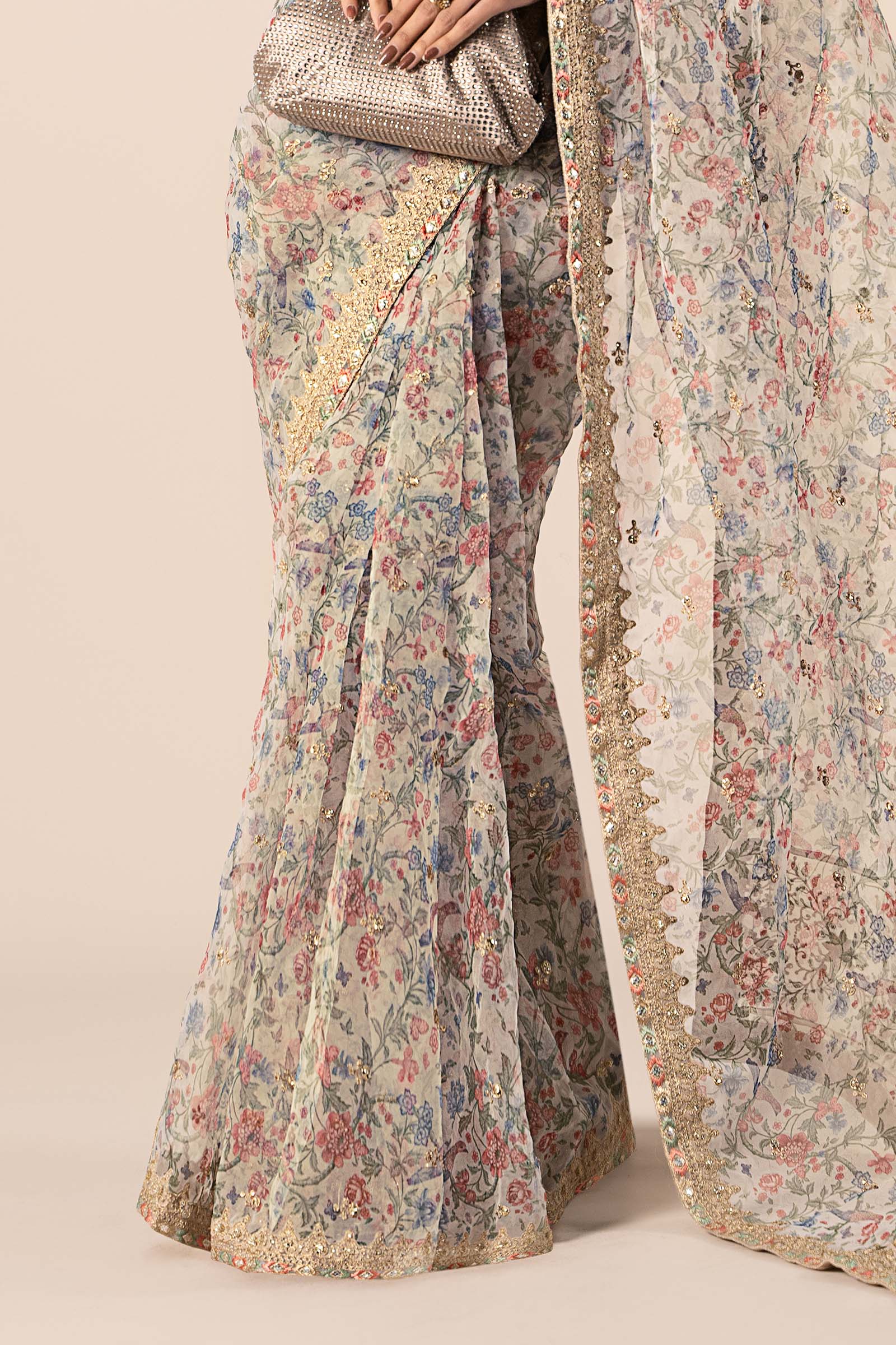 Beige Embroidered Organza Saree (3-Piece) - Image 6