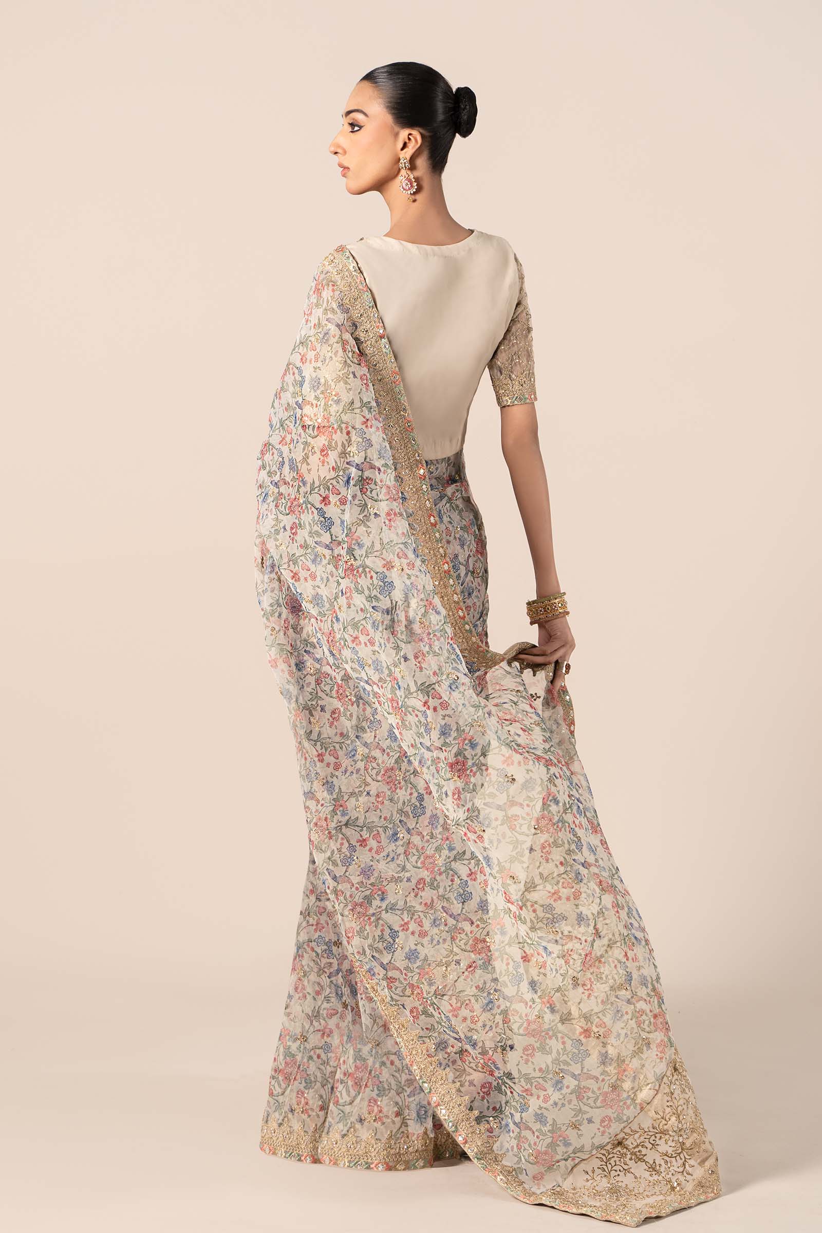 Beige Embroidered Organza Saree (3-Piece) - Image 7