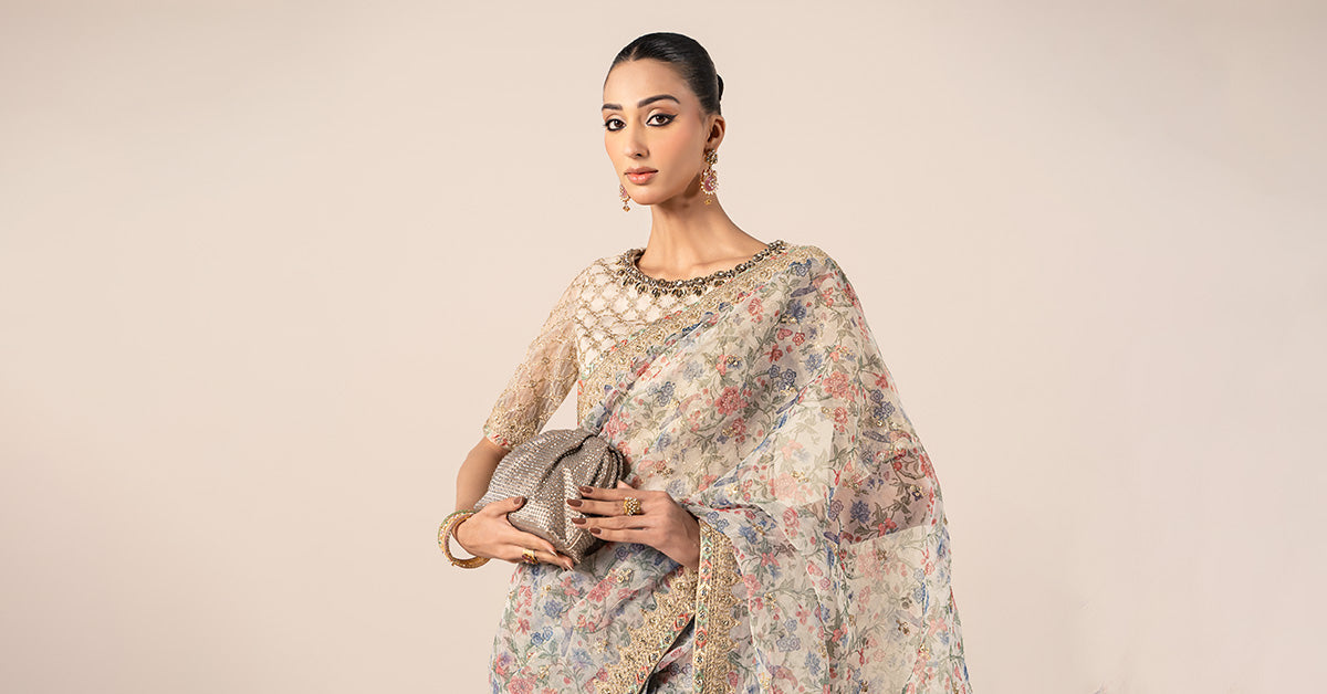 Beige Embroidered Organza Saree (3-Piece) - Image 8