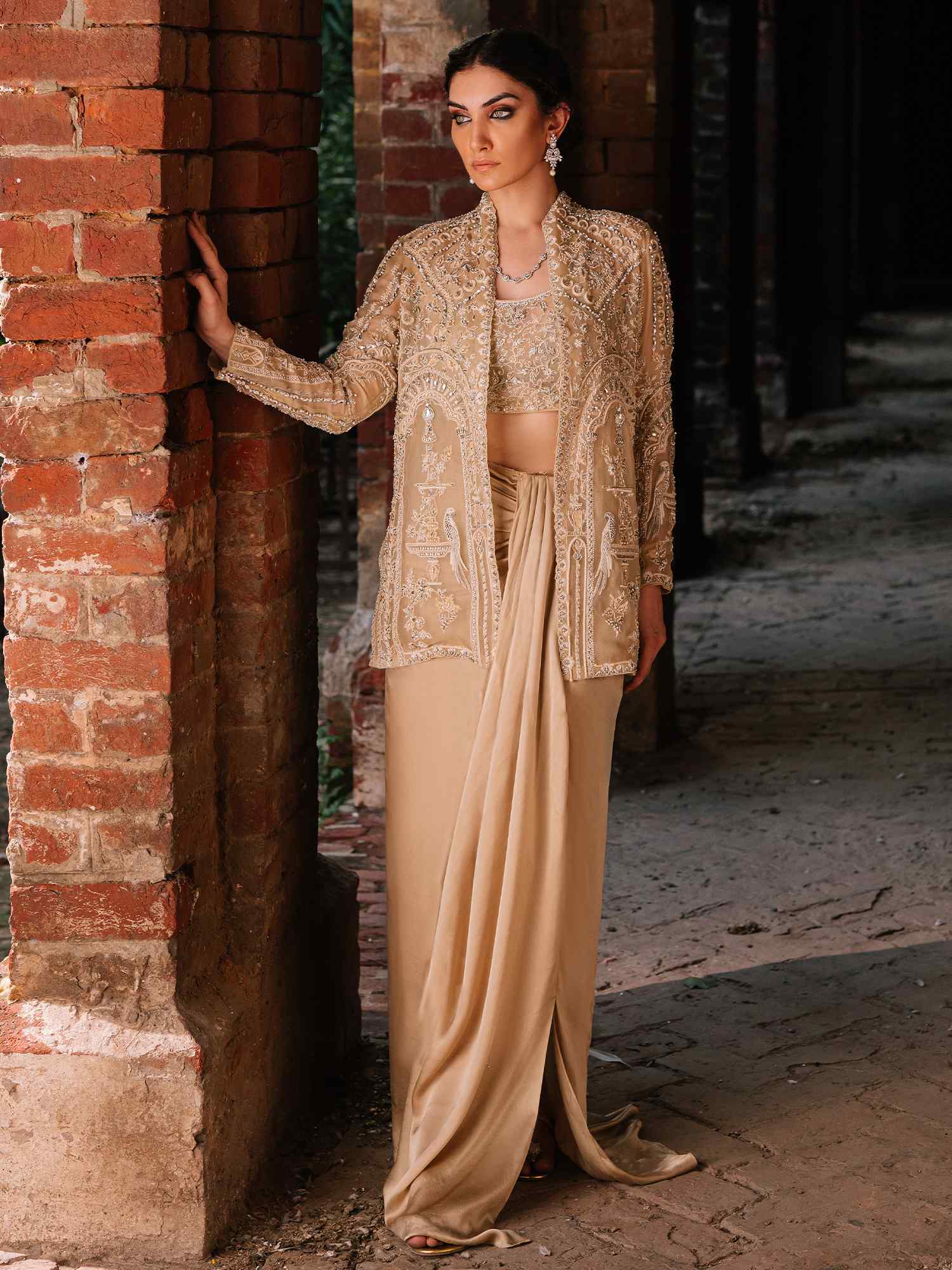 Nude Embellished Organza & Silk Saree Set (3-Piece) - Image 1