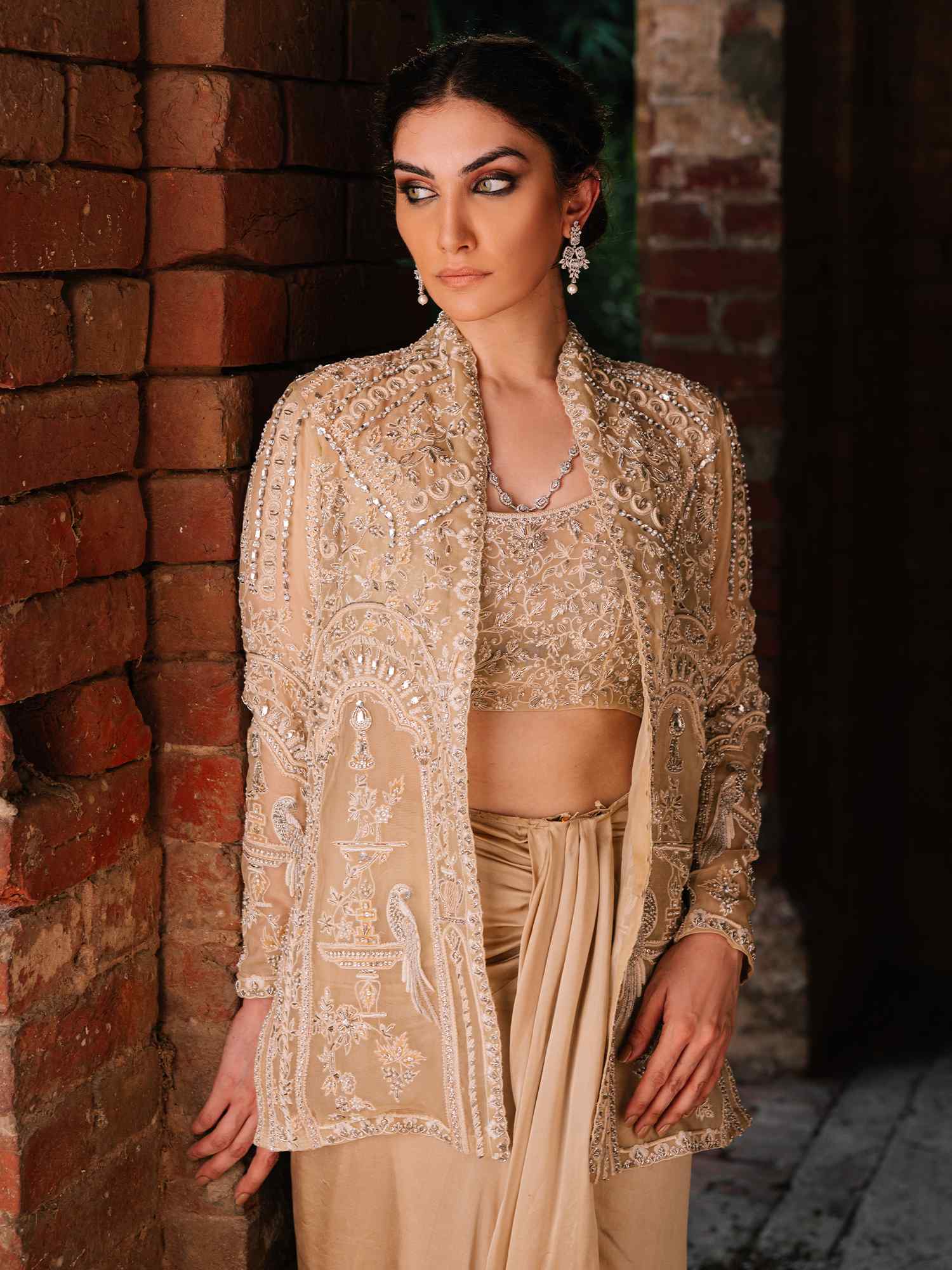 Nude Embellished Organza & Silk Saree Set (3-Piece) - Image 3