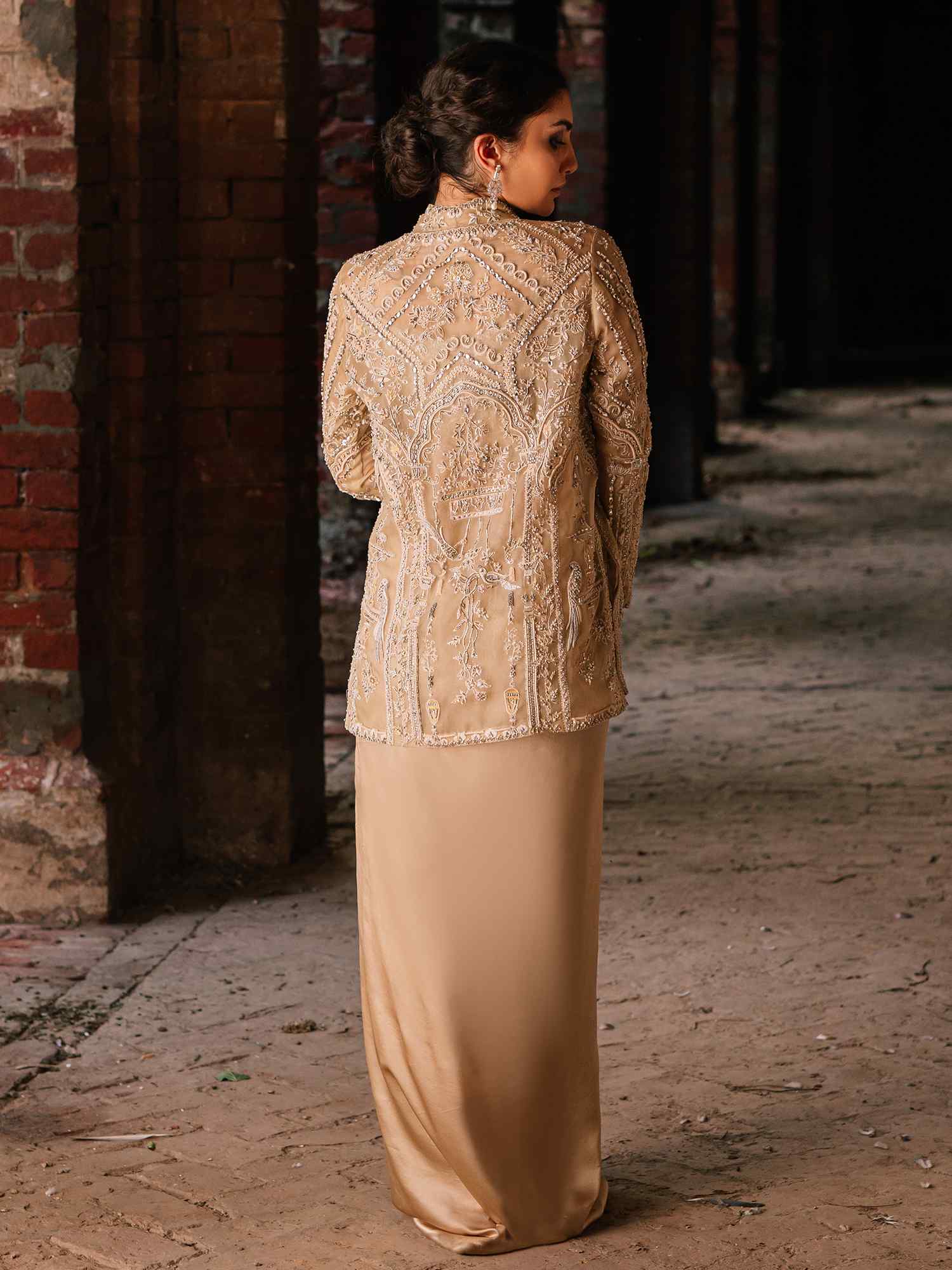 Nude Embellished Organza & Silk Saree Set (3-Piece) - Image 4