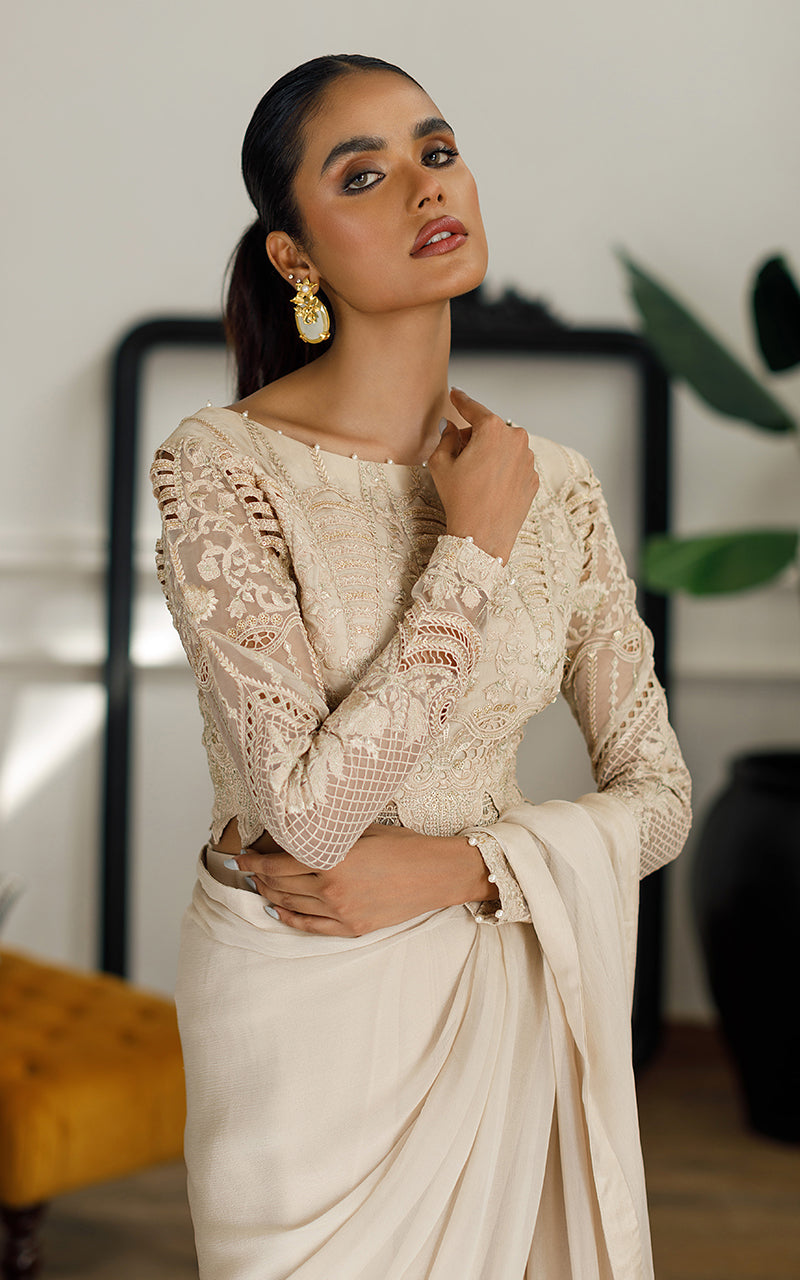 Beige Embroidered Organza & Chiffon Saree (3-Piece) - Image 2