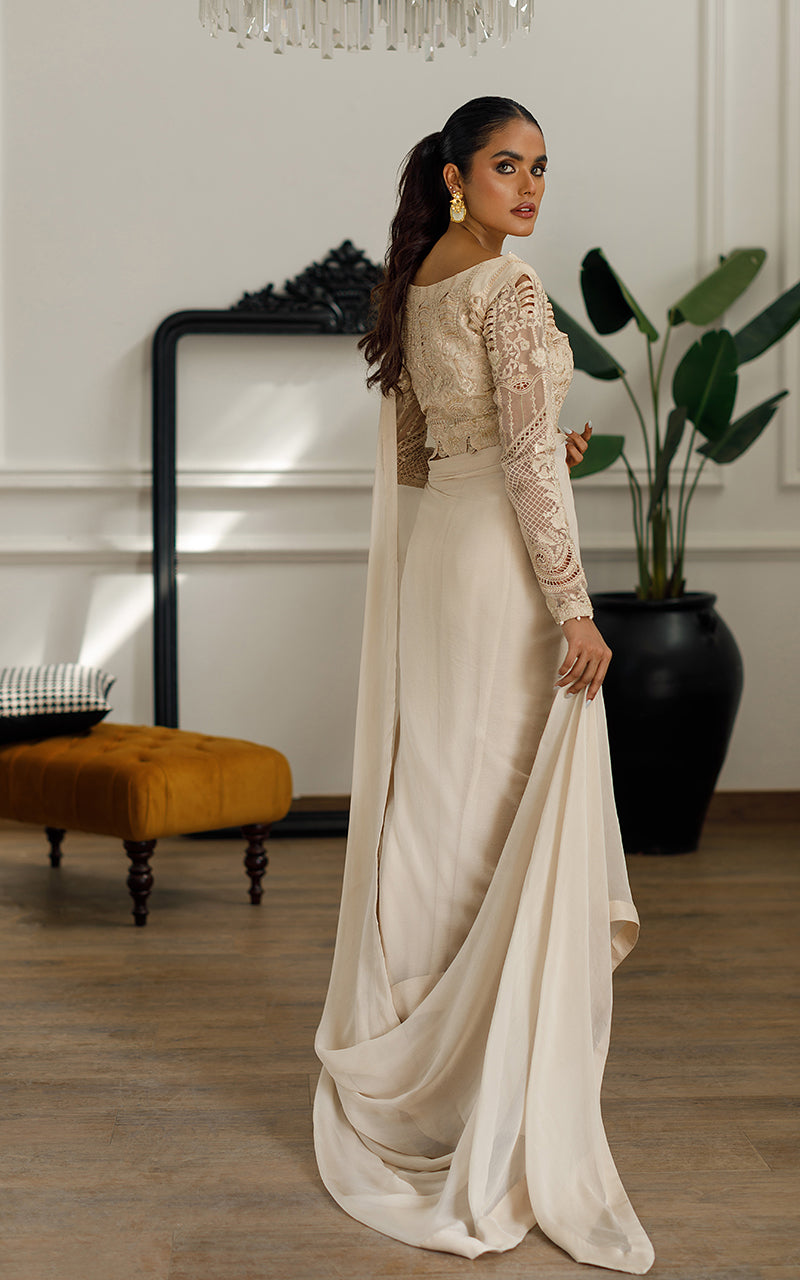 Beige Embroidered Organza & Chiffon Saree (3-Piece) - Image 4