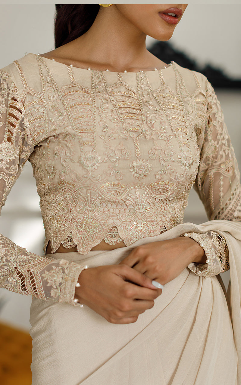 Beige Embroidered Organza & Chiffon Saree (3-Piece) - Image 5