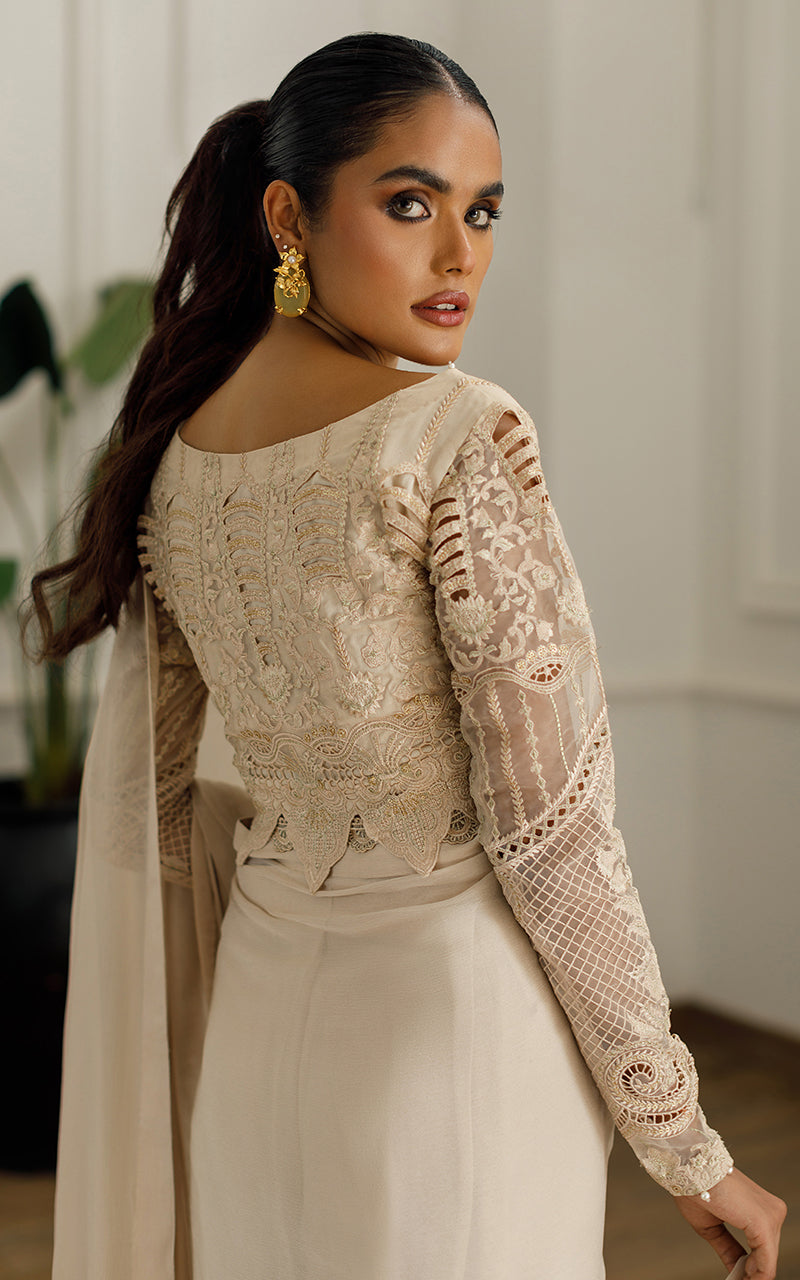 Beige Embroidered Organza & Chiffon Saree (3-Piece) - Image 6