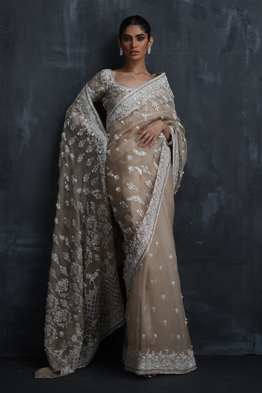 Indian Beige Zardozi Resham Organza Saree (2-Piece) - Image 1