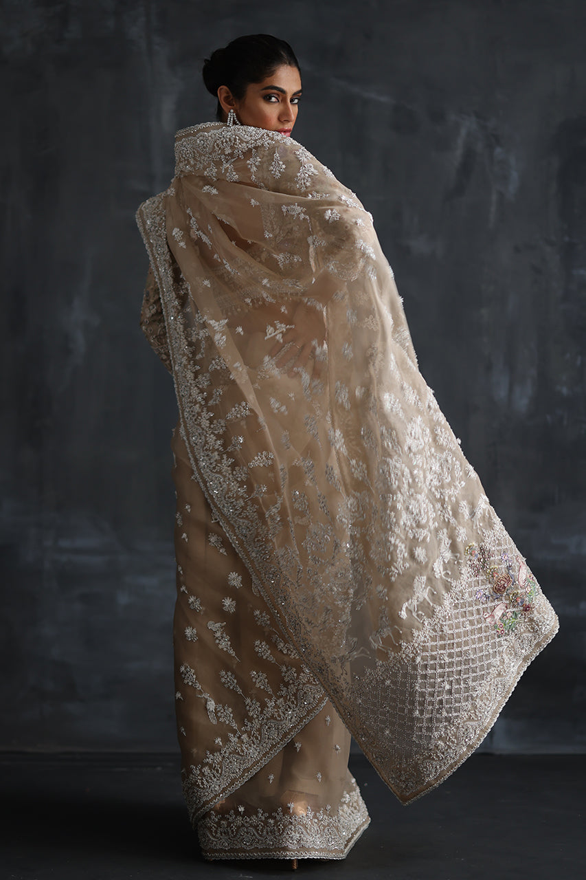 Indian Beige Zardozi Resham Organza Saree (2-Piece) - Image 2