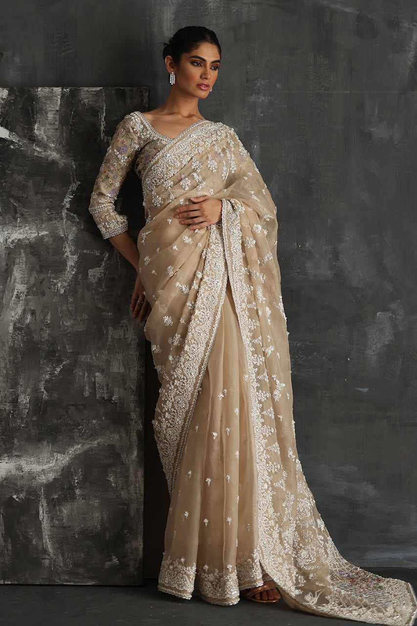 Indian Beige Zardozi Resham Organza Saree (2-Piece) - Image 3