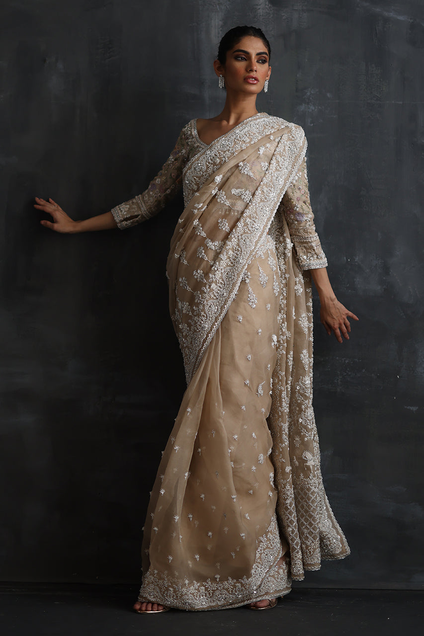 Indian Beige Zardozi Resham Organza Saree (2-Piece) - Image 4