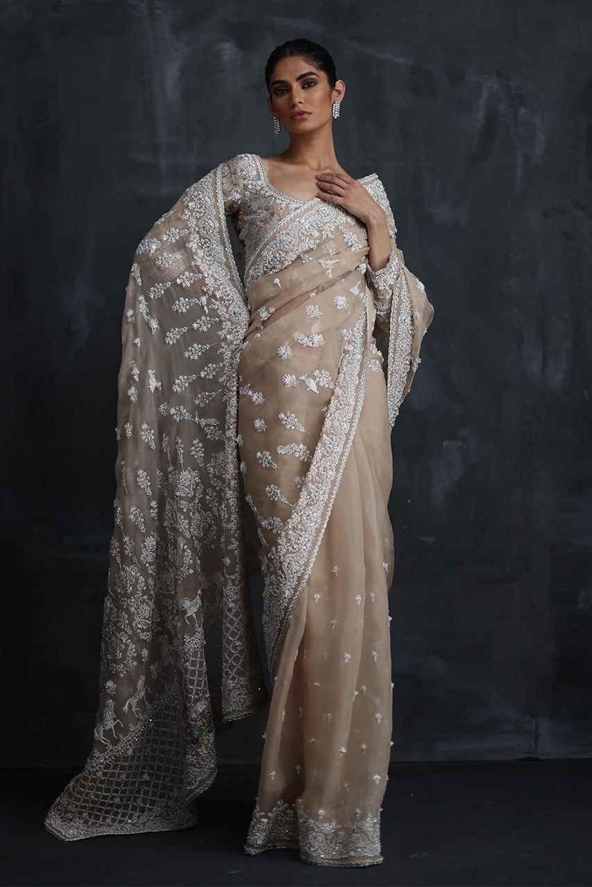 Indian Beige Zardozi Resham Organza Saree (2-Piece) - Image 5