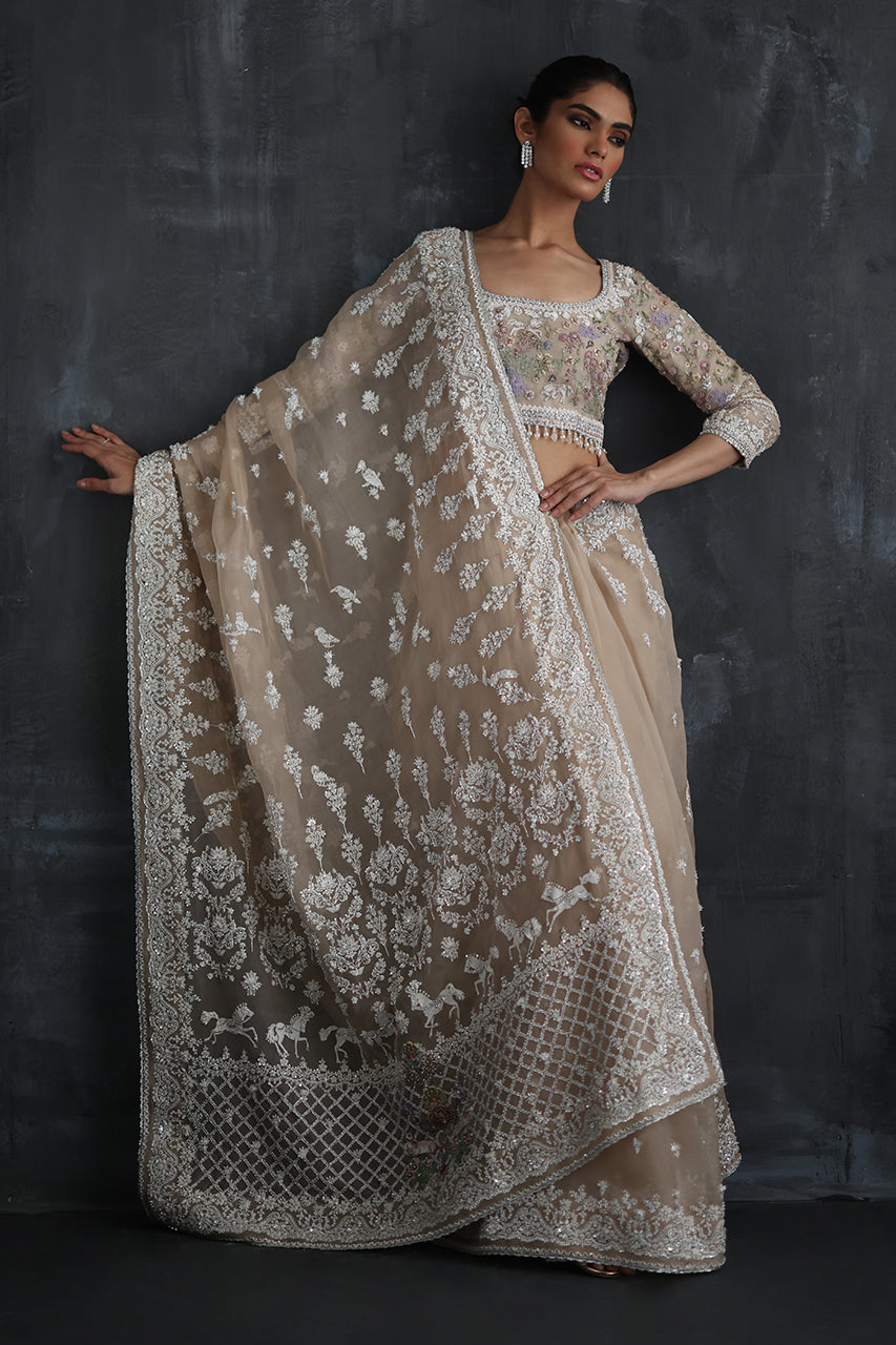 Indian Beige Zardozi Resham Organza Saree (2-Piece) - Image 6