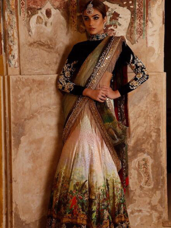 Pakistani Multi-Tone Zari Sequin Silk-Blend Lehnga Sari (2-Piece) - Image 1